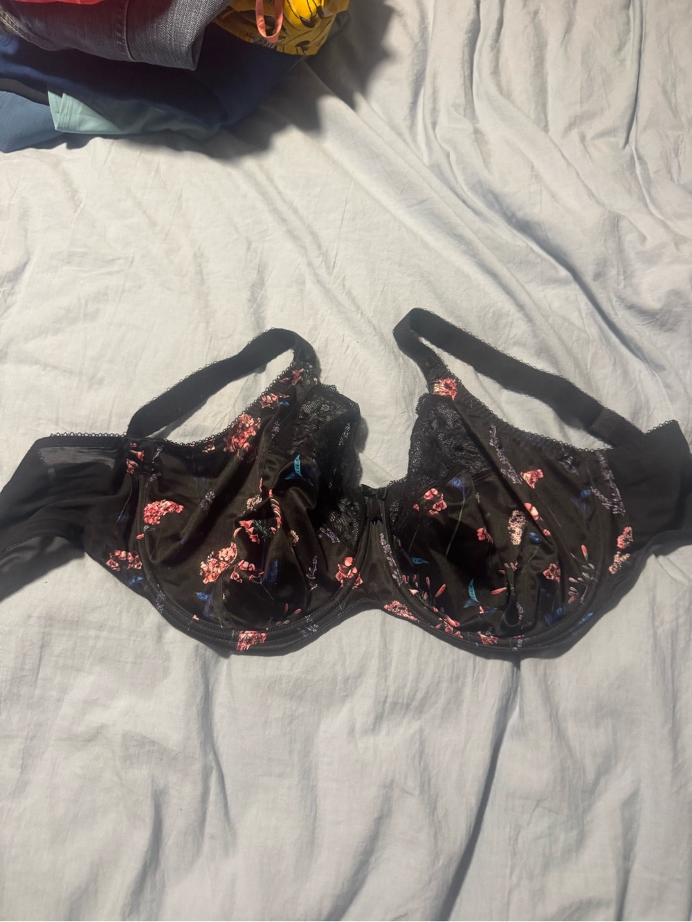 Elomi Black Floral Underwire Bra with Pink and Blue Accents